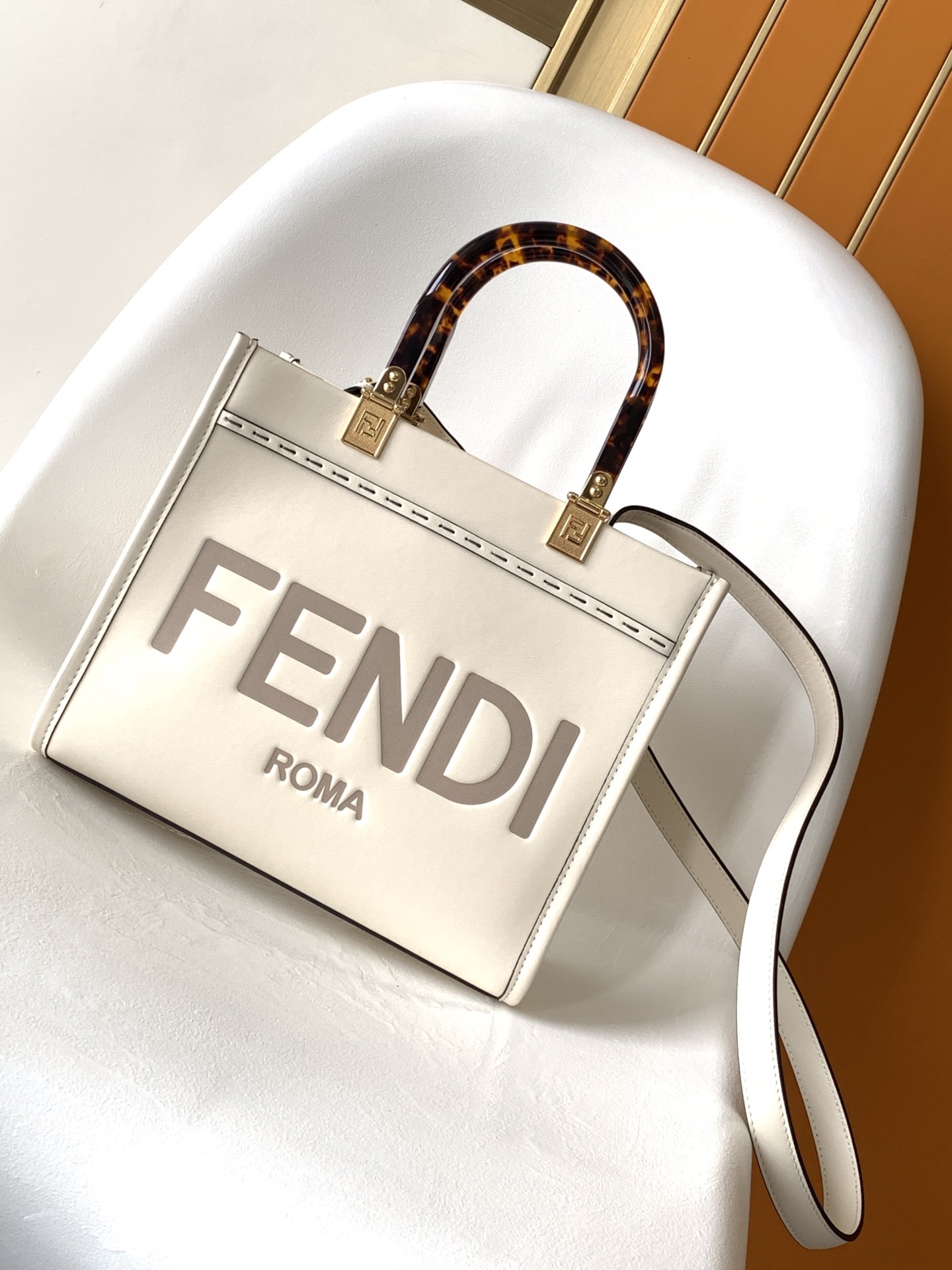 Fendi Small Sunshine Shopper White Calfskin Leather Bag